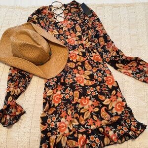 Nasty Gal Black and Orange Floral Long Sleeve Dress